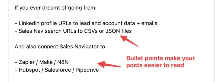 use bullet points to make your linkedin posts easier to read
