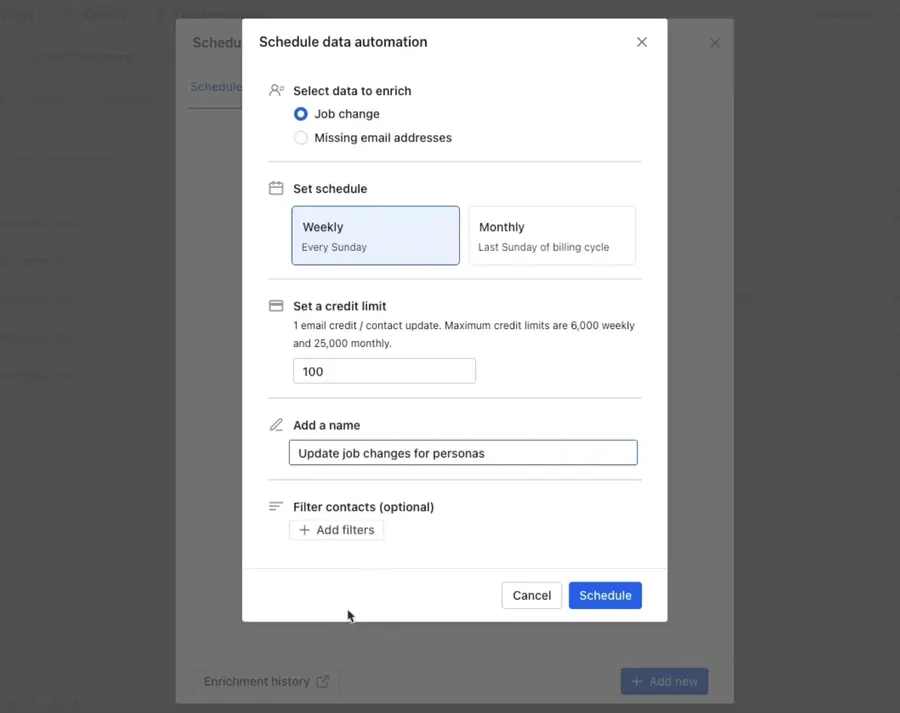 schedule data enrichment automation of apollo.io