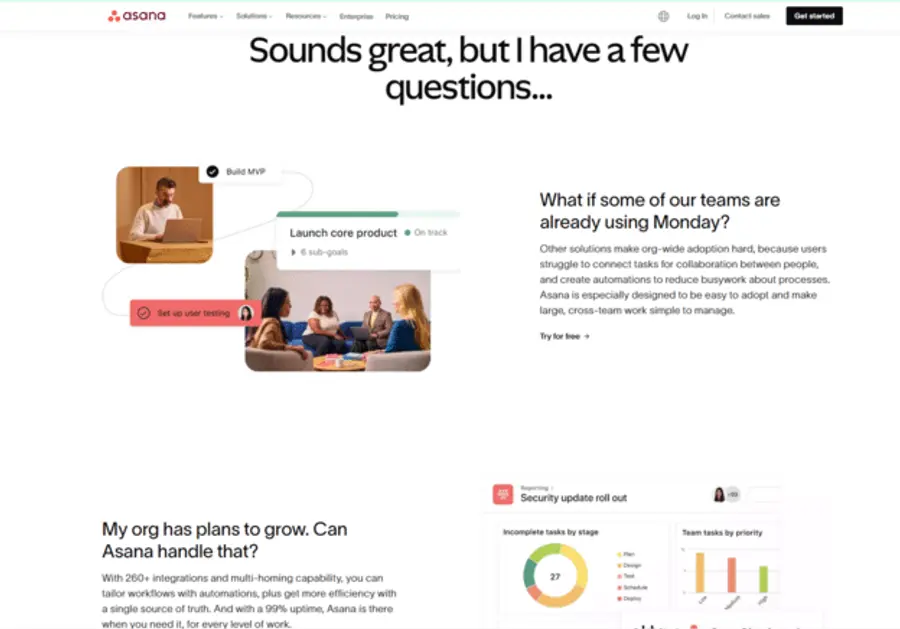 Asana webpage addressing common questions, showcasing task management examples like launching a core product and user testing, and discussing integration with other tools like Monday.