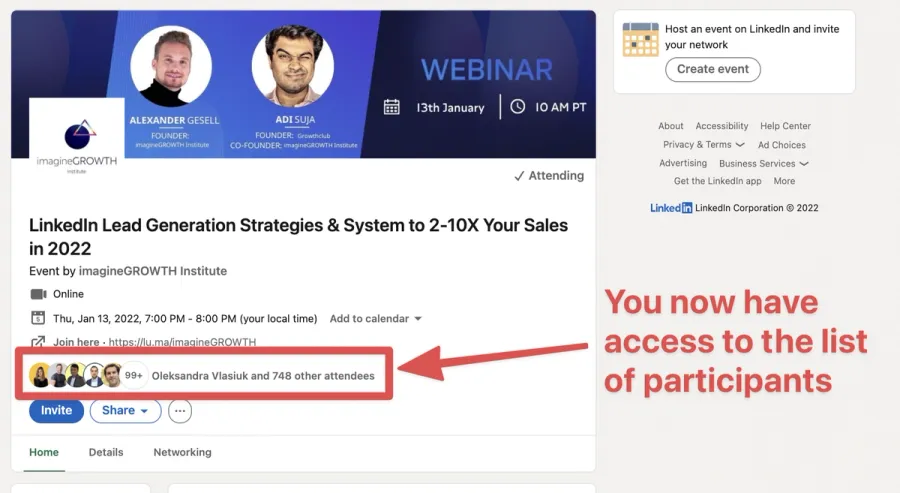 access linkedin event attendees list