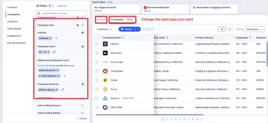 company list industry filter zoominfo