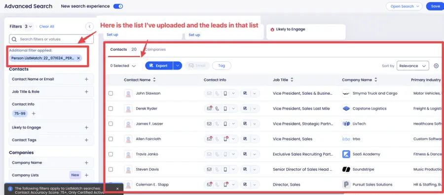 uploaded list overview on zoominfo