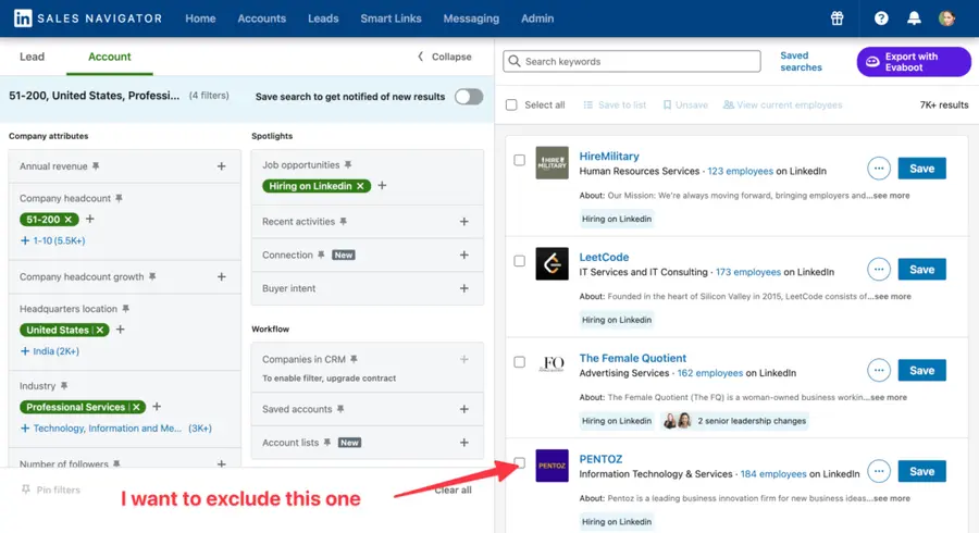 exclude company linkedin sales navigator search