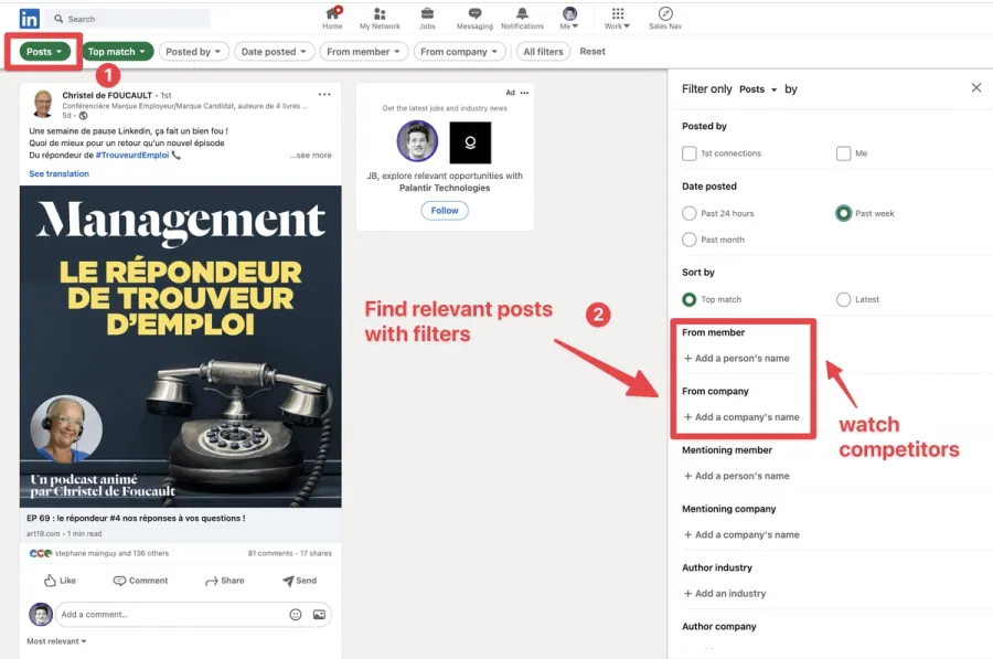 how to search for linkedin post for sales prospecting