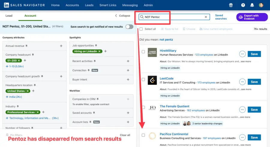 exclude specific company from linkedin search results