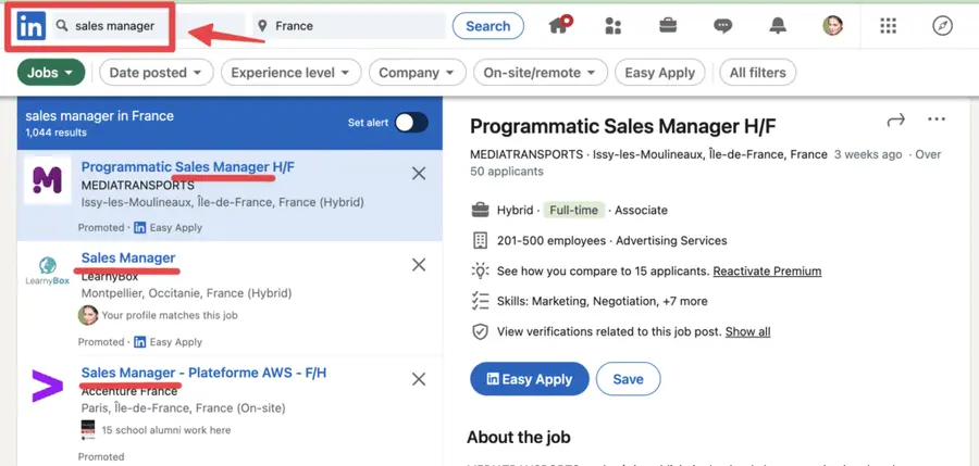 job keyword linkedin filter