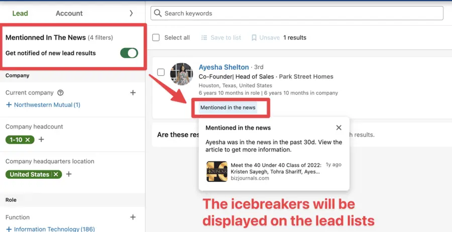 icebreaker sales navigator search saved