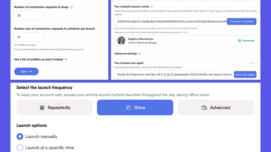 how to setup phantombooster linkedin invitation withdrawals
