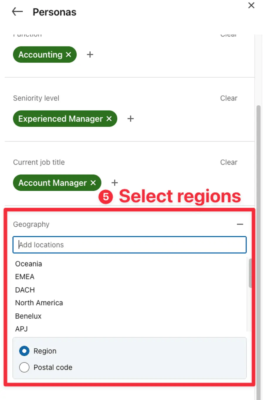 select region persona sales navigator