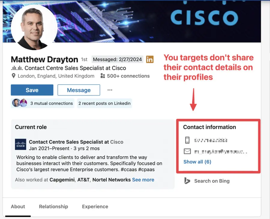 informazioni di contatto vuote linkedin sales navigator