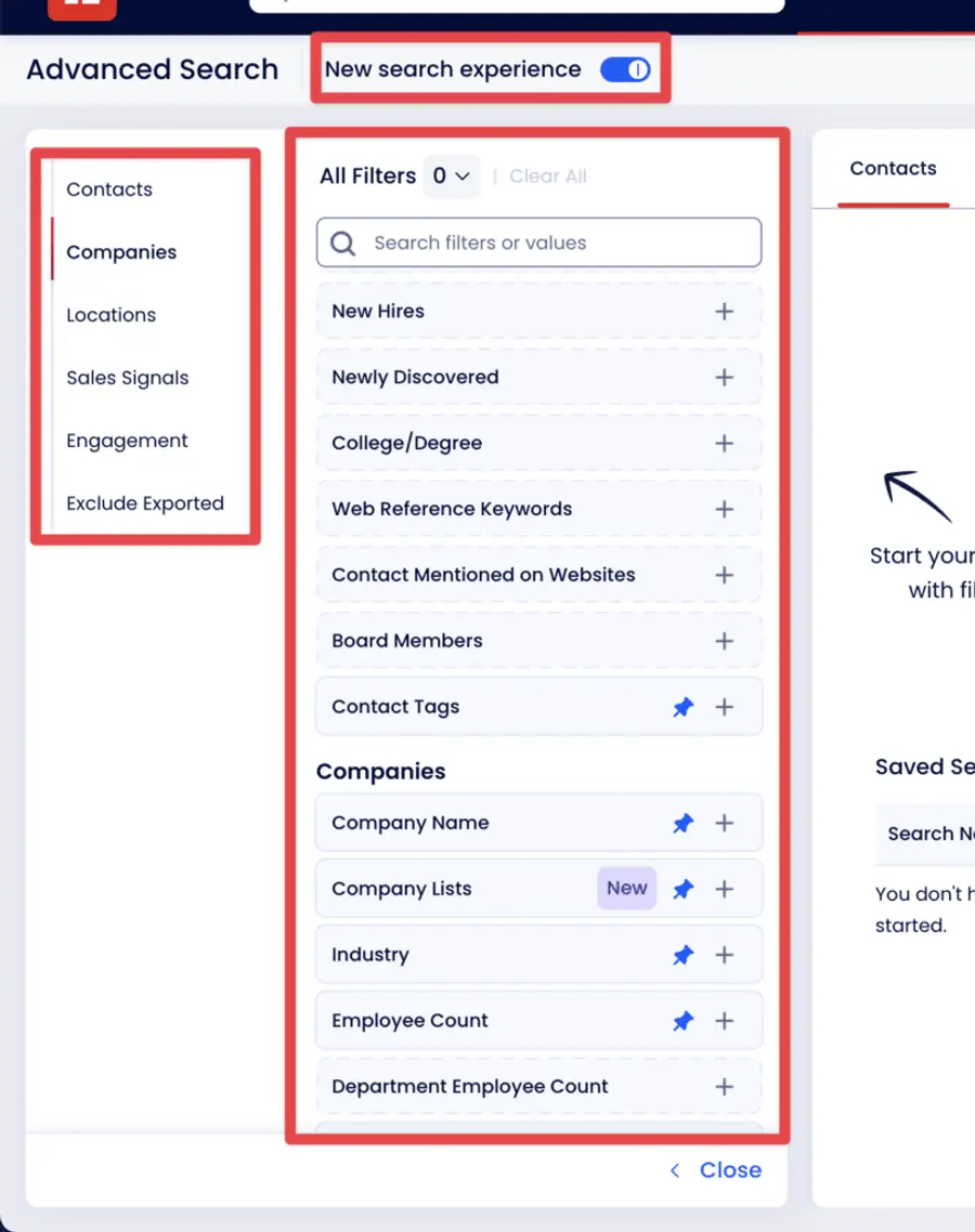 company advanced fitlers zoominfo