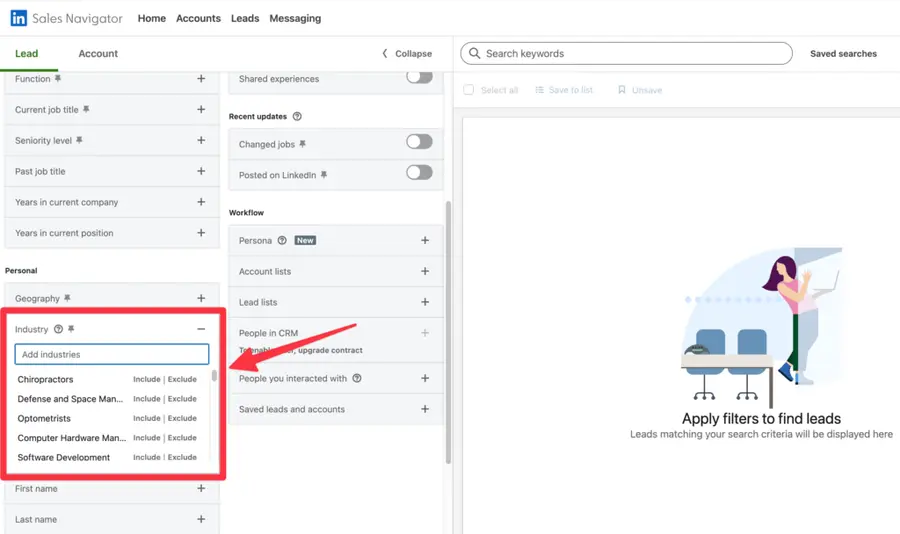 linkedin sales navigator industries list