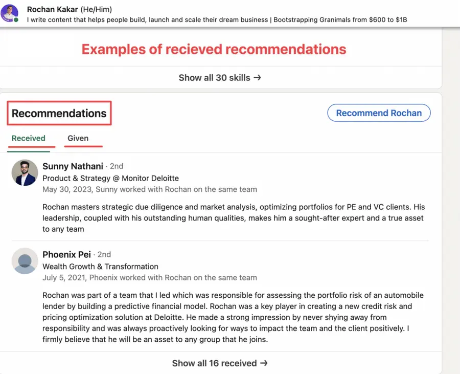 linkedin recommendations