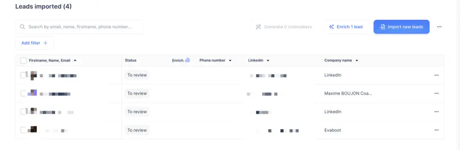 demonstration of how lemlist lead list looks like