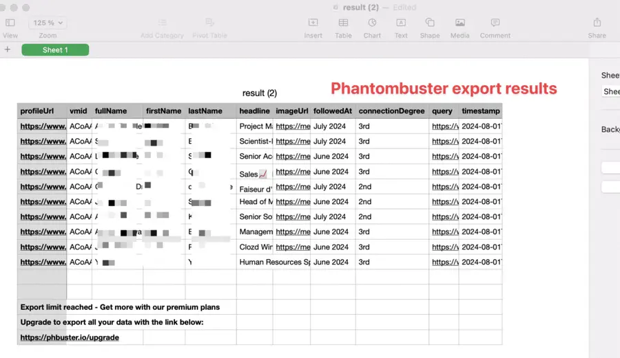 phantombuster linkedin company page followers export results