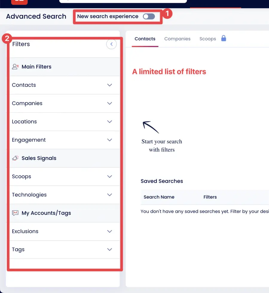 search with advanced filters new search experience toggle zoominfo