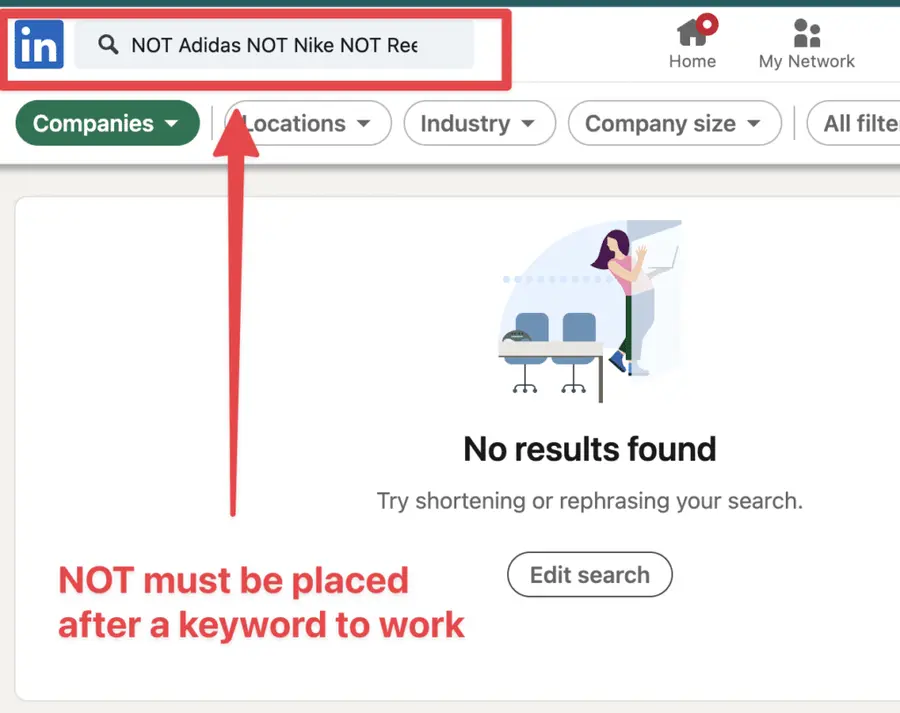 NOT boolean search rules linkedin