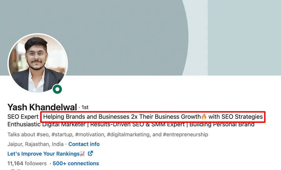 LinkedIn headline with focus on results