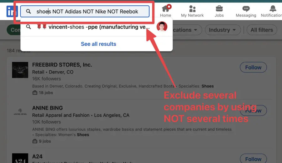 exclude several companies from linkedin search