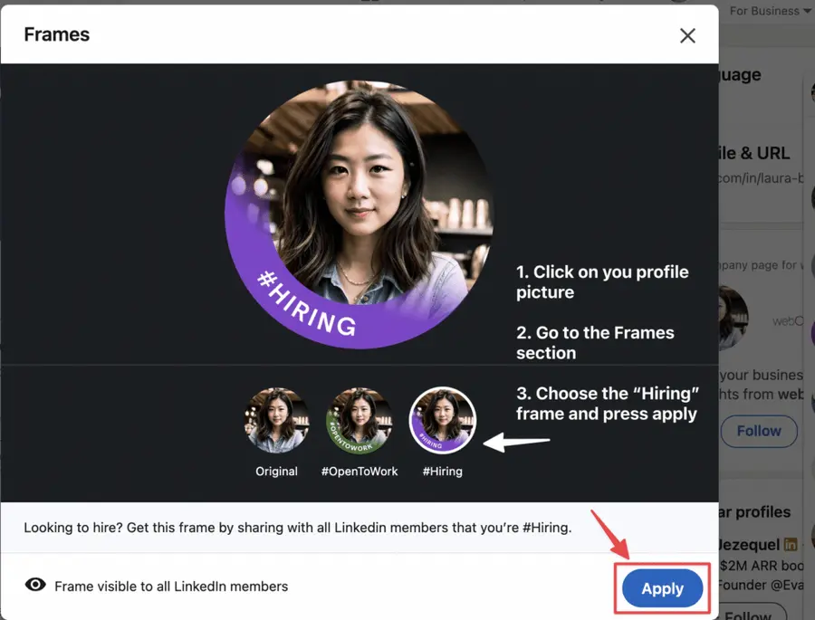 how to add hiring frame on your linkedin profile picture
