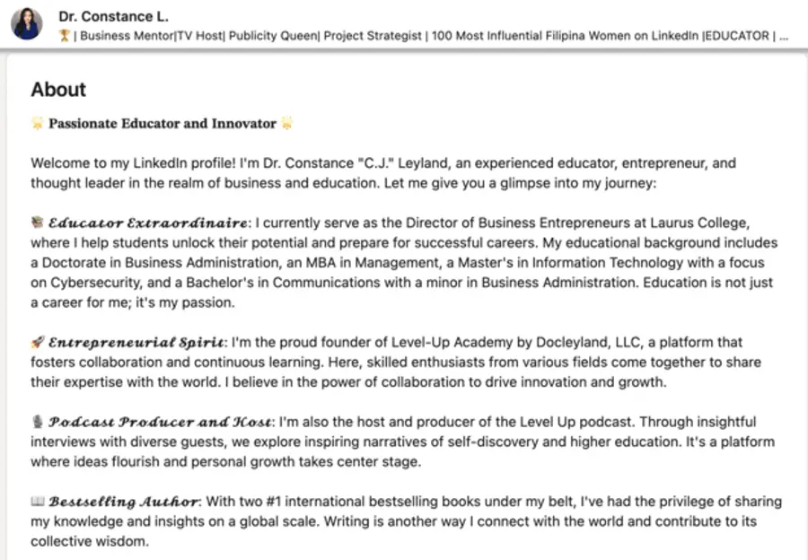LinkedIn summary example color and flair