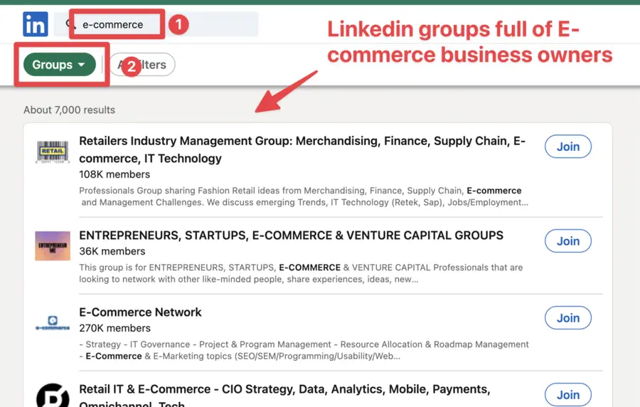 use linkedin group to find ecommerce clients