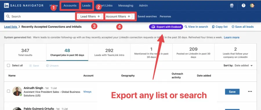 export sales navigator search