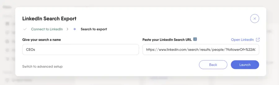 launch linkedin search exort on phantombuster
