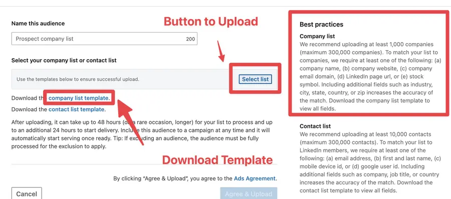 linkedin ads list upload page