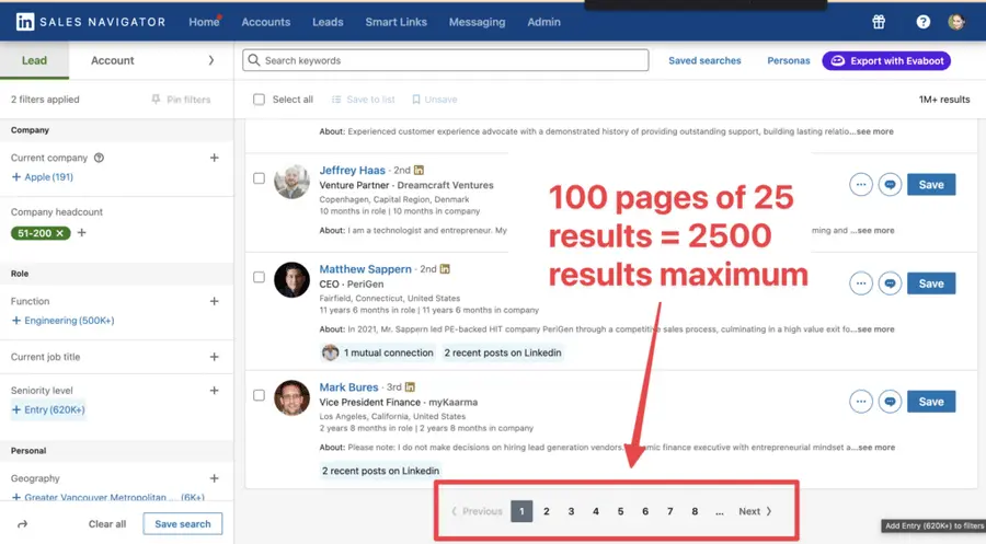 limit search results sales navigator