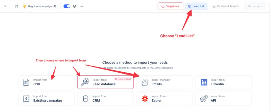 choose one of several options of how to import your leads to lemlist 