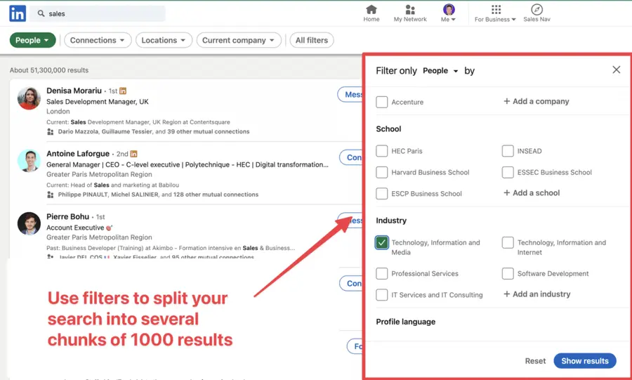 dividere i risultati della ricerca linkedin