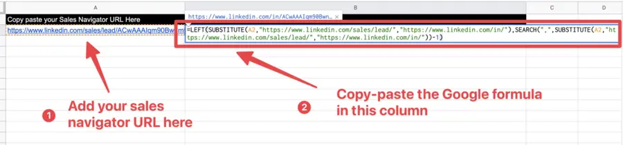 convert sales navigator urls to linkedin url google sheet formula