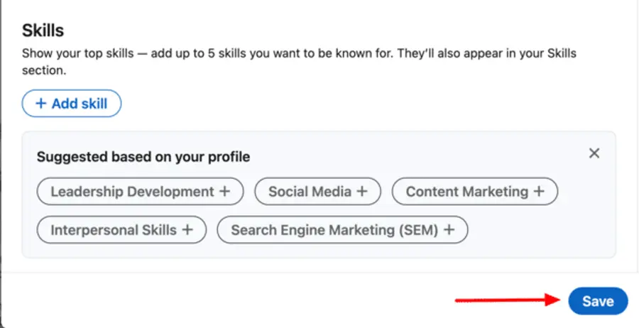 Skill section on LinkedIn profile