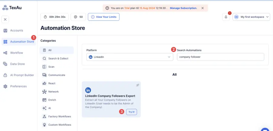linkedin companay followers export texau automation 
