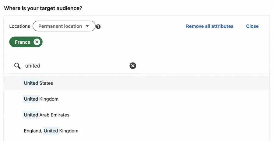 location filter of your target audience linkedin ads