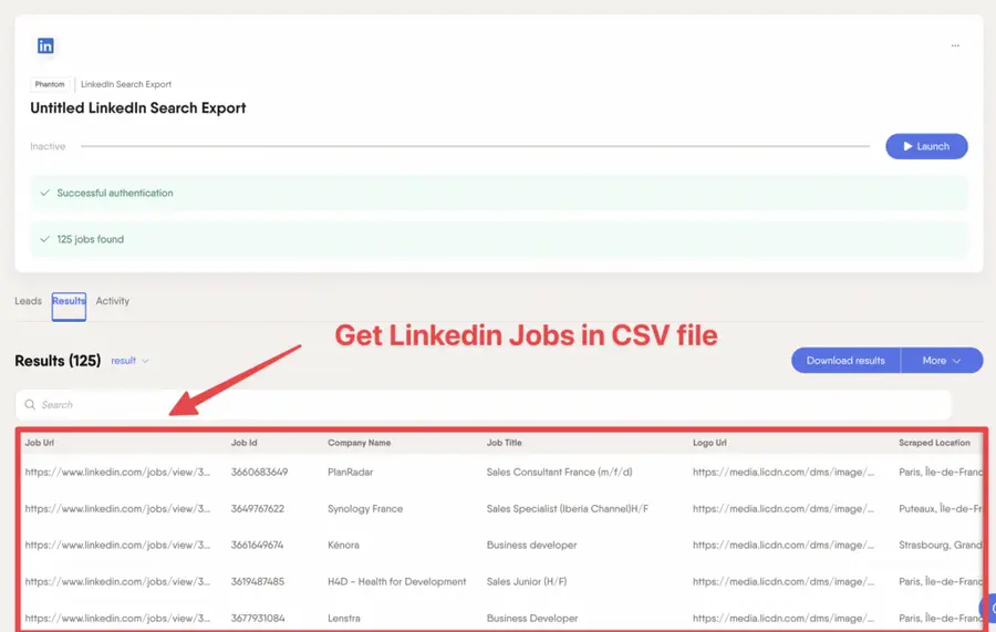 esportazione della ricerca lavoro da linkedin