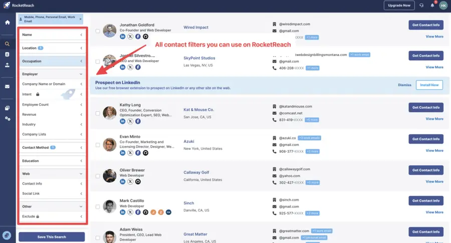 contact search filters rocketreach