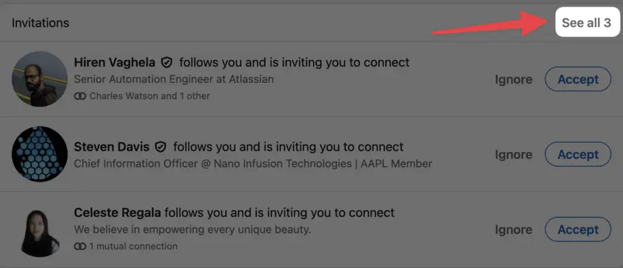 click see all to manage your linkedin invitations 