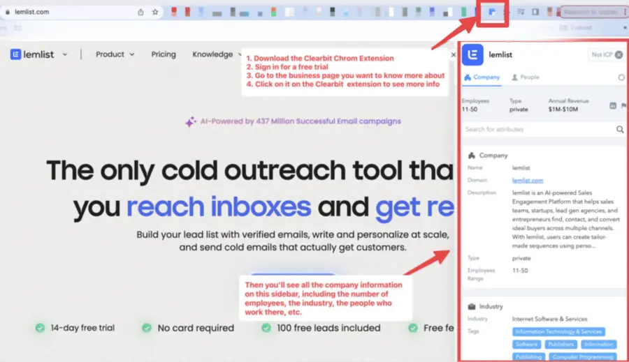 how to use clearbot sidebar to find leads and company details