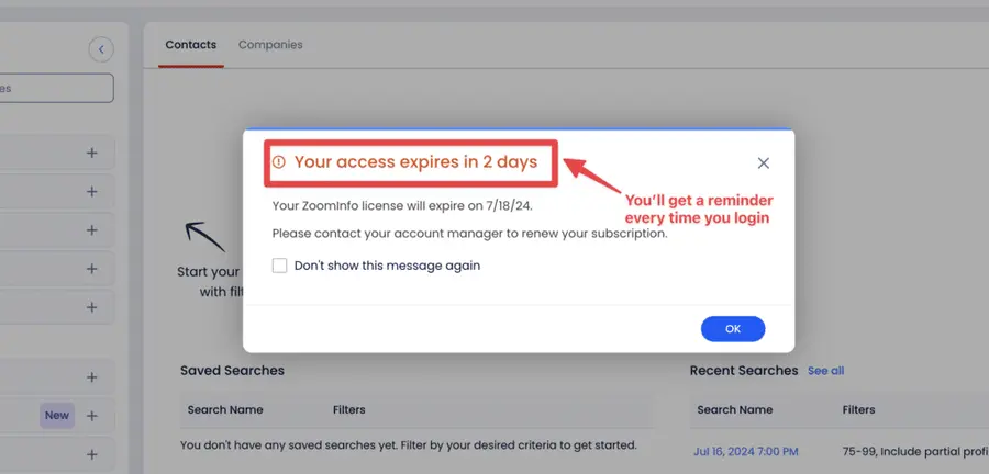 zoominfo free trial expires in two days notice