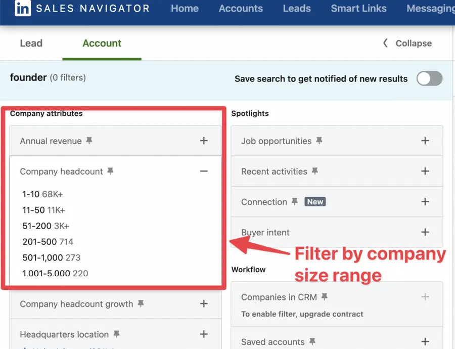 company size filter sales navigator