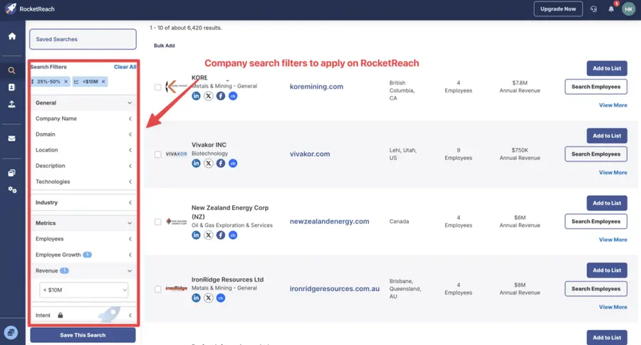 company search filters rocketreach