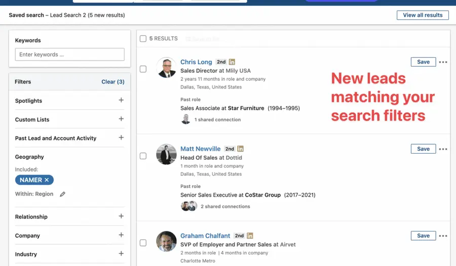 sales navigator saved searches results 