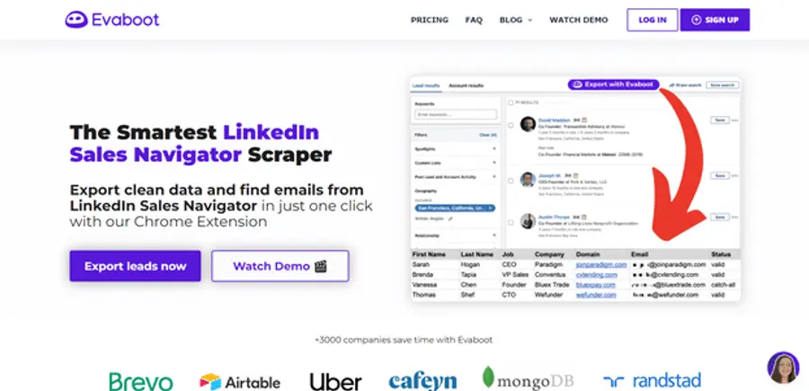 Evaboot website showcasing a LinkedIn Sales Navigator scraper that exports clean data and emails with one click, featuring a demo of the tool.