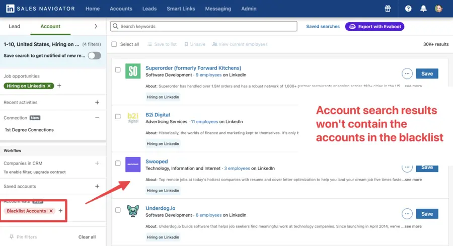 blacklist companies account search results