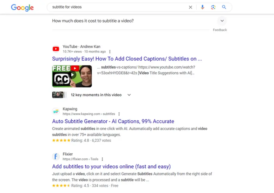 Google search results for 'subtitle for videos,' displaying tutorials and tools from YouTube, Kapwing, and Flixier.
