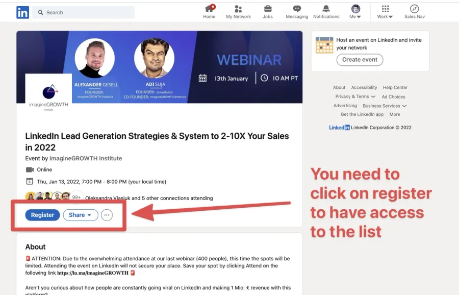 add to see linkedin event attendees list