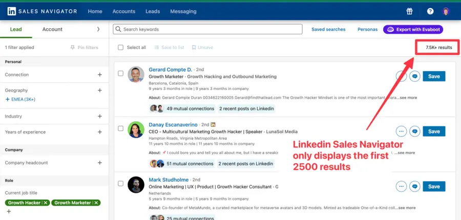 linkedin sales navigator shows only 2500 results of your research