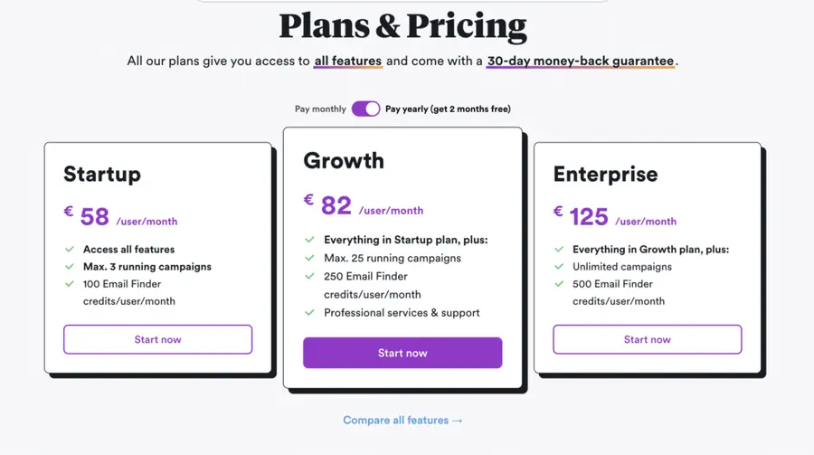 overloo cold email tool pricing plans 